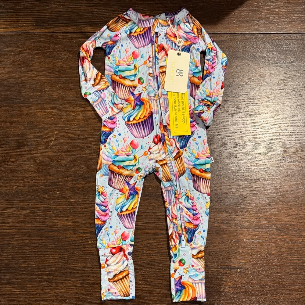 NWT Bums & Roses “Another Year Sweeter” Colorful Cupcake Print Kids One Piece